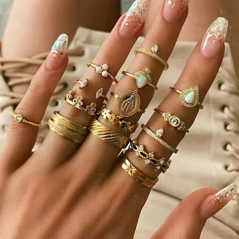 Boho Gemstone Water Drop Shape Flower Ring Set 15pc